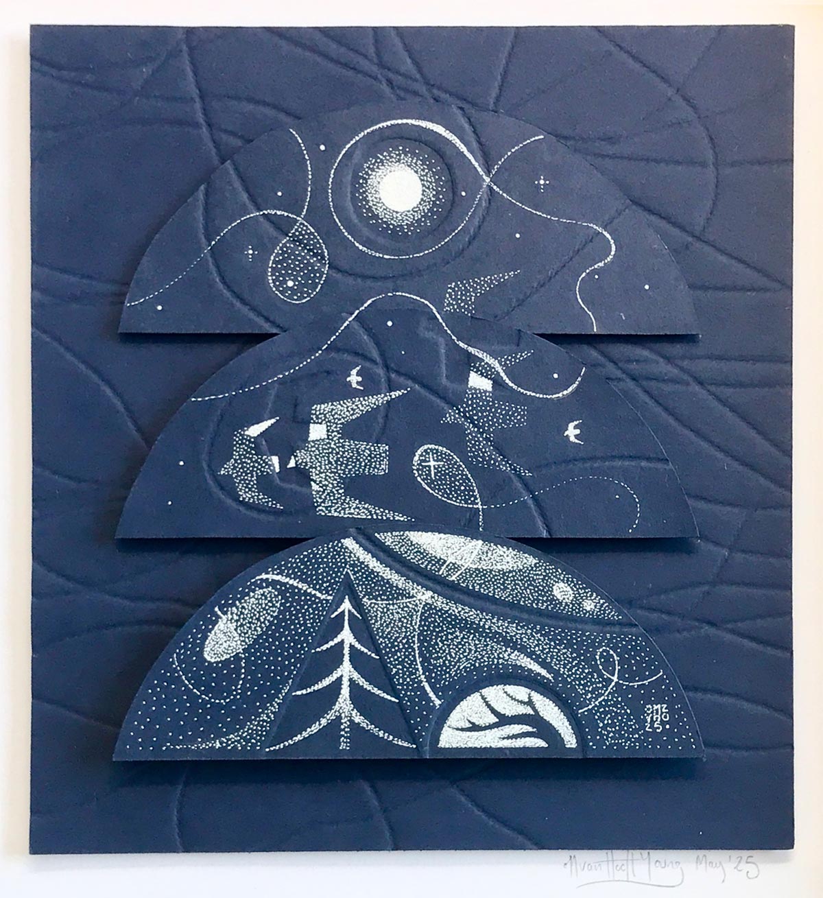 Olivia van Hooft-Young - Sun With Birds - Embossed Ink Drawing